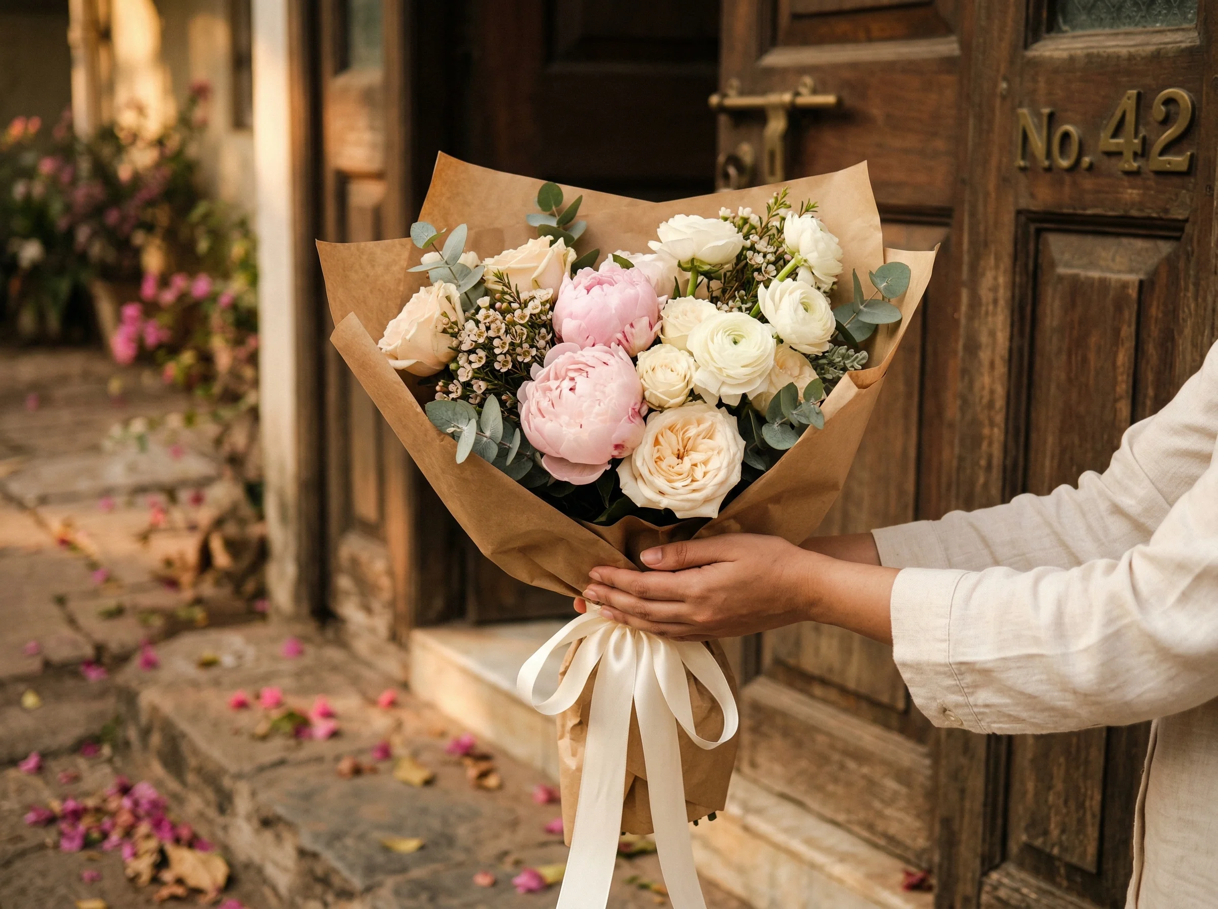 Floradora courier delivering a hand-tied bouquet at a Mumbai doorstep